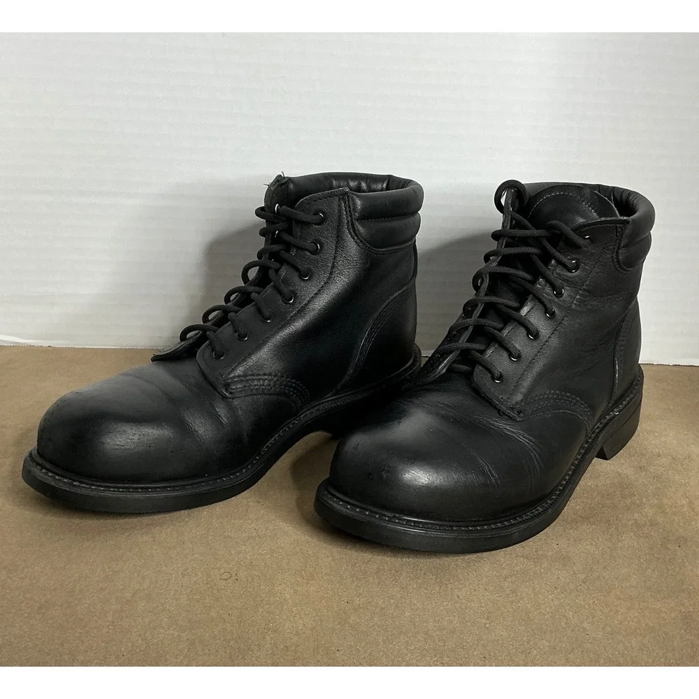 Men's Black‎ Leather Work Boots – Lace Up, Oil Resistant Sole, Size ~11/11.5